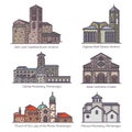 Set of isolated churches of Europe in color