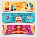 Set of isolated circus cards with clown, magician
