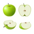 Set of isolated colored green apple half, slice and whole juicy fruit on white background. Realistic fruit collection.