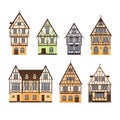 Set of isolated colored half timbered buildings on white background. Collection of flat facades of european framing houses, cottag Royalty Free Stock Photo