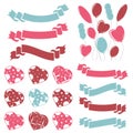 Set of isolated colored hearts, balloons, ribbons and banners on a white background. Simple flat vector illustration. Suitable for Royalty Free Stock Photo