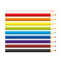 Set of isolated colored pencils: white, red, blue, violet, brown, black, green, yellow, horizontal view, on white background. Rain