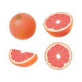 Set of isolated colored pink grapefruits, half, slice, circle and whole juicy fruit on white background. Realistic citrus collecti Royalty Free Stock Photo