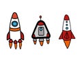 Set of isolated colored rockets drawn by hand. Royalty Free Stock Photo