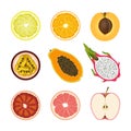 Set of isolated colored slices of lemon, orange, apricot, passion fruit, pawpaw, dragon fruit, pink grapefruit and red apple on wh Royalty Free Stock Photo