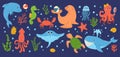 Set isolated colorful hand drawn marine animals and objects underwater world in flat vector style on dark blue background. Royalty Free Stock Photo