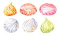 Set of isolated colorful zefir Russian marshmallow. Watercolor meringues