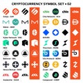 Set 02 of isolated cryptocurrency symbols, digital coins icons in monochrome and color. Royalty Free Stock Photo