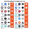 Set 05 of isolated cryptocurrency symbols, digital coins icons in monochrome and color. Royalty Free Stock Photo