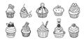 Set of isolated cupcake. Sweet cute hand drawn outline dessert in black outline and white. Royalty Free Stock Photo