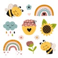 set isolated with cute bees, honey pot, flowers, rainbow, sunflower Royalty Free Stock Photo