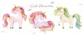 Set of Isolated cute watercolor unicorns clipart. Nursery unicorns illustration. Princess unicorns poster. Trendy cartoon horse