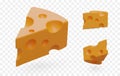 Set of isolated 3D images of cheese with holes. Cut off triangular piece of Swiss cheese