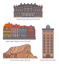 Set of isolated Denmark landmarks or buildings