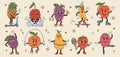 Set isolated different sportive fruits groovy characters in gloves in flat retro classic cartoon style Royalty Free Stock Photo