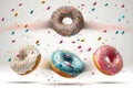 A set of isolated donuts with sprinkles flying above on a white background. AI