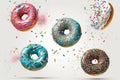 A set of isolated donuts with sprinkles flying above on a white background. AI