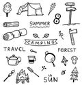 Set of isolated doodle camping icons.