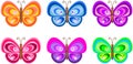 Set of isolated drawings of butterflies of different colors