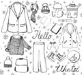 Set of isolated elements of clothing and accessories in graphic. Unique style, casual wardrobe in vector