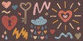 Set of Isolated Elements Hand-drawn Hearts, Key, Cloud, Sun, Scribbles. Style of Children\'s Drawing Royalty Free Stock Photo