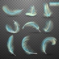 Set of isolated falling colored fluffy twirled feathers on transparent background in realistic style. Light cute Royalty Free Stock Photo