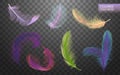 Set of isolated falling colored fluffy twirled feathers on transparent background in realistic style. Light cute Royalty Free Stock Photo