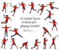 Set of isolated figures of African women\'s handball team girl players in various poses in red sports equipment