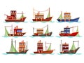 Set of isolated trawler or ship, boat for fishing