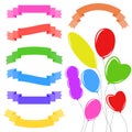 Set of isolated flat colored ribbon banners and flying balloons of various shapes. On a white background. Suitable for design Royalty Free Stock Photo