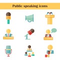 Set of isolated flat icons on public speaking