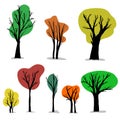 Set of isolated flat trees and colorful leaves on a white background. Hand drawn vector illustrations Royalty Free Stock Photo