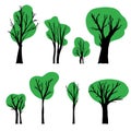 Set of isolated flat trees and green leaves on a white background. Hand drawn vector illustrations