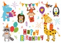 set of isolated funny animals for Happy Birthday design part 1 Royalty Free Stock Photo