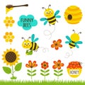 Set of isolated funny bees and icons