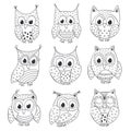 Set of isolated funny owls black and white