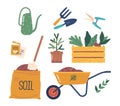 Set Of Isolated Gardening Items, Sack With Soil, Seeds, Wheelbarrow And Wooden Box With Ripe Vegetable Crop