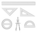 Set of isolated geometry items: ruler, set squares, protractors and compass. School accessories Royalty Free Stock Photo
