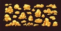 Set of isolated gold mine nuggets and rocks. Piles and heaps of golden gem stones. Solid jewels of natural shapes. Big