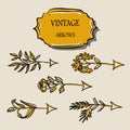 Set of isolated golden arrows for postcards, fabrics, desktop, site decoration. Vintage, art deco. Isolated vector Royalty Free Stock Photo
