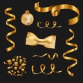 Set of isolated Golden design elements on a black background. Vector ribbon, bow, Christmas toys and confetti for stylish party Royalty Free Stock Photo