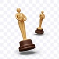 Set of isolated golden figurines in different positions. Realistic metal statuette on pedestal