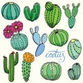 Set of isolated hand drawn cactuses