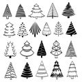 Set of isolated hand drawn Christmas tree icon in 21 styles on white for design, stock vector illustration Royalty Free Stock Photo