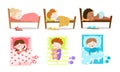 Set of happy children sleeping in beds vector illustration Royalty Free Stock Photo