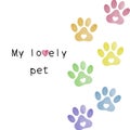 Set of isolated hand drawn watercolor rainbow animal footprints. Watercolor pets footprint. Paw footprint illustration