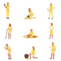 Set of people archaeologists in yellow clothing vector illustration