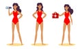 Young brunette women beach lifeguards in red swimsuites vector illustration