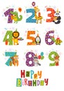 Set of isolated Happy Birthday numbers with funny animals