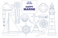 Set of isolated happy marines in dark blue outline and white plane style.